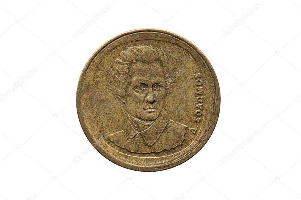 Greek old 20 drachmas coin dated 1990 obverse with a portrait image of Dionysios Solomos author of  the words of Hymn To Liberty the national anthem of Greece cut out and isolated on a white background