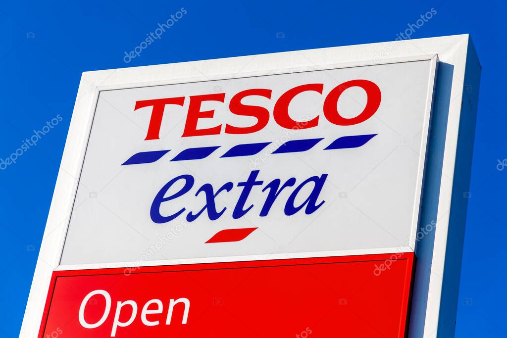 London, UK, November 19, 2011 : Tesco Extra supermarket logo advertising sign at its retail business store in Brent Park Wembley stock photo image