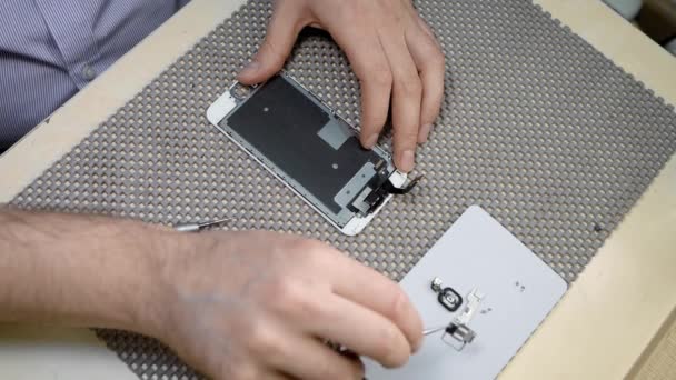 Ένας τεχνικός επισκευής τηλεφώνων αποσυναρμολογεί ένα smartphone για ανταλλακτικά, αλλάζει ένα μικροκύκλωμα — Αρχείο Βίντεο