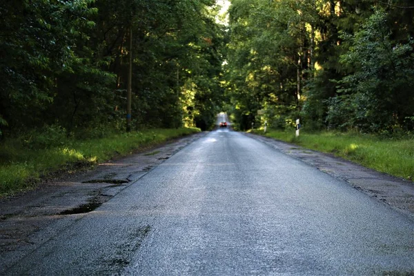 Strada asfaltata dopo la pioggia la sera — Foto Stock