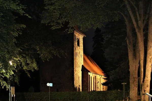 Chiesa con illuminazione serale con alberi in primo piano — Foto Stock