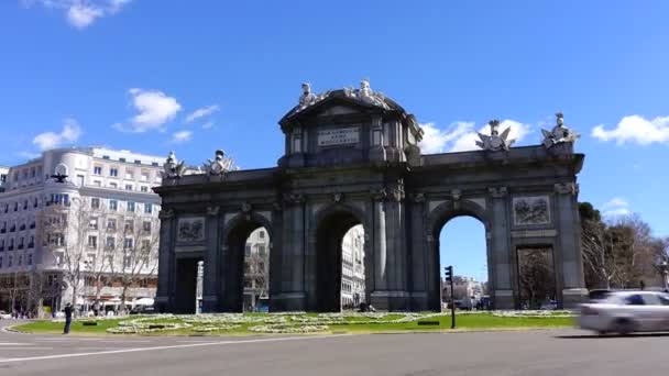 Madrid Spanje April 2018 Puerta Alcala Tijdsverloop — Stockvideo