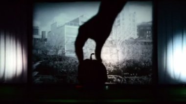 BERDYANSK, UKRAINE - 30 Ekim: New York 'ta turizm ve göç. 30 Ekim 2016 'da Ukrayna' nın Berdyansk kentinde arka planda beyaz perdenin önündeki gölgeler tiyatrosunun performansı