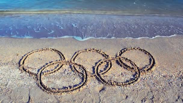 Rio Janeiro Brazil April 2016 Wave Coming Olympic Rings Beach — 비디오