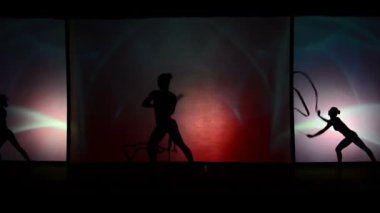 BERDYANSK, UKRAINE - 30 Ekim 2016 'da Ukrayna' nın Berdyansk kentindeki beyaz perdenin önündeki gölgeler tiyatrosunun performansı