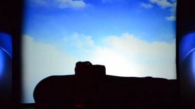 BERDYANSK, UKRAINE - 30 Ekim: James Bond temalı açıklama. 30 Ekim 2016 'da Ukrayna' nın Berdyansk kentinde arka planda beyaz perdenin önündeki gölgeler tiyatrosunun performansı