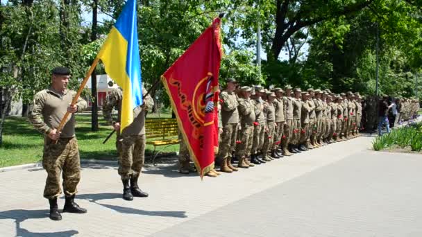 系统中的士兵Berdyansk纪念Zaporizhia地区城市日的公开声明 — 图库视频影像