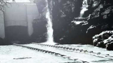 Şelaleye karşı dağdan kalkan tren. Orlando 'daki Universal Stüdyo Parkı.
