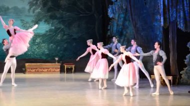 DONETSK, UKRAINE - 25 Mart 2012 tarihinde Kuğu Gölü 'nün Donetsk Ulusal Akademik Opera ve Bale Tiyatrosu' nda sahnelenmesi.