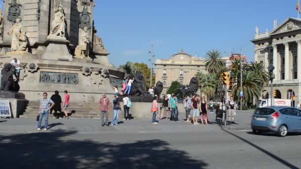 Barcelona Area Portal Pau Poort Van Vrede Columbus Monument Ligt — Stockvideo