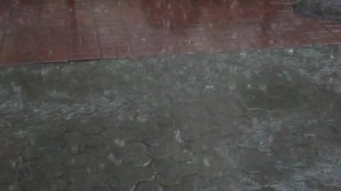 Şehirde yağmur yağıyor. Kaldırıma yağmur damlaları düşüyor..