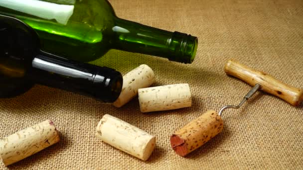 Falling Wine Corks Wine Bottles Bag Slow Motion — Stock Video