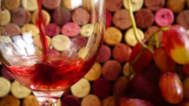 Şarap mantarlarının arka planına şarap dökmek.