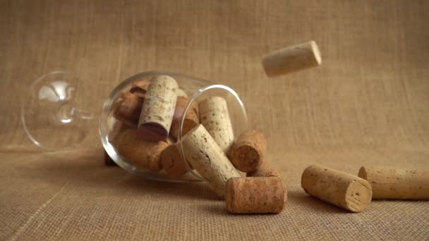 Fall Wine Corks Background Glasses Bags Slow Motion — Stock Video