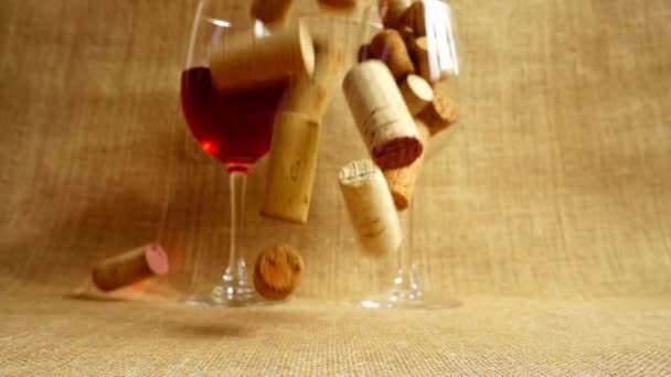 Jatuhnya Tutup Botol Anggur Dengan Latar Belakang Gelas Dan Tas — Stok Video