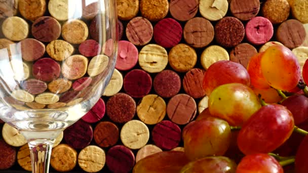 Pouring Wine Glass Background Wine Corks — Stock Video