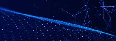 Dijital teknoloji geçmişi. Ağ bağlantısı noktaları ve çizgileri. Sunum tasarımı için fütüristik arka plan. 3D görüntüleme. Geniş Ekran