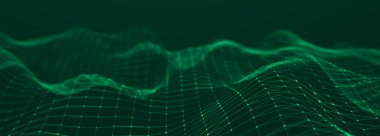 Karanlık arka planda gelecek dalgası. Bağlantı noktaları ve çizgilerinin renkli deseni. Büyük veri dijital kodu. Teknoloji mi yoksa Bilim Sancağı mı? Geniş Ekran 3B görüntüleme