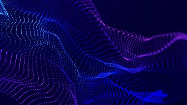 Karanlık arka planda gelecek dalgası. Bağlantı noktaları ve çizgilerinin renkli deseni. Büyük veri dijital kodu. Teknoloji mi yoksa Bilim Sancağı mı? 3B görüntüleme