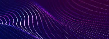 Karanlık bir arka planda parlak noktaları olan güzel bir dalga. Teknoloji mi yoksa Bilim Sancağı mı? Geniş Ekran 3B görüntüleme