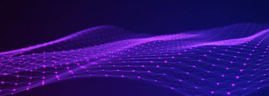 Karanlık arkaplanda parlak parçacıkların soyut akışı. Renkli noktaların hareketi. Büyük veri. 3B görüntüleme.