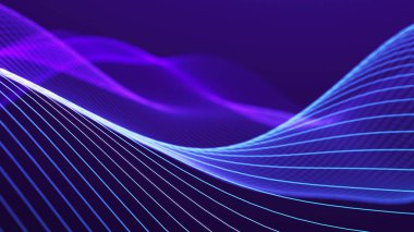 Karanlık arka planda gelecek dalgası. Bağlantı hatlarının renkli deseni. Teknoloji ya da bilim. Arkaplan, duvar kağıdı, sunum, tasarım için desen. Üç Boyut