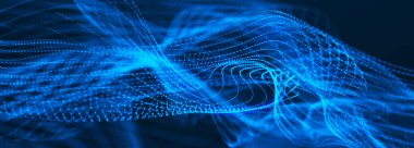 Karanlık arka planda gelecek dalgası. Bağlantı noktaları ve çizgilerinin renkli deseni. Büyük veri dijital kodu. Teknoloji mi yoksa Bilim Sancağı mı? 3B görüntüleme