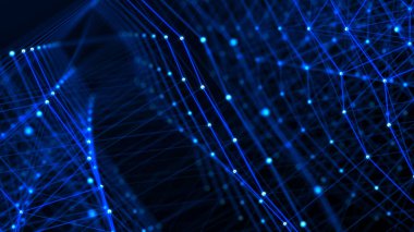 Parlak dijital tünel. Karanlık arkaplandaki noktaların ve çizgilerin soyut bağlantıları. Ağ kavramı, internet iletişimi. Üç Boyut