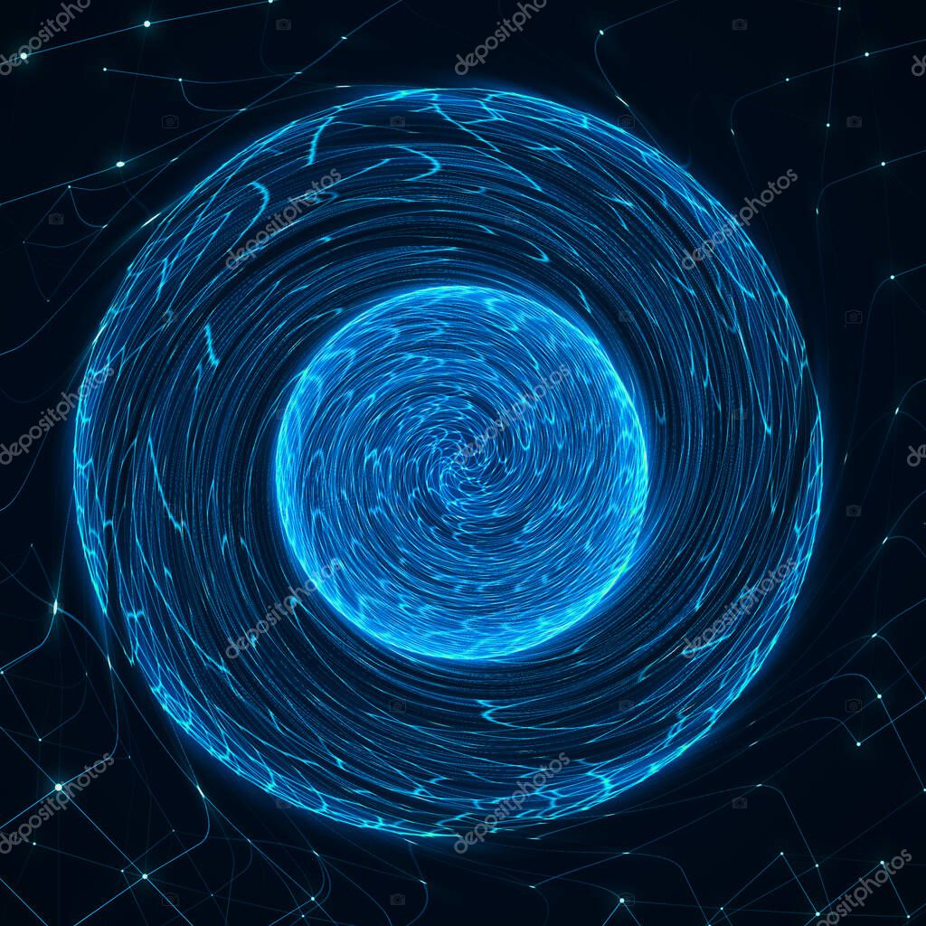 3d abstract sphere of particles. Twisted lines of sphere on dark background. Science and technology design 3d rendering