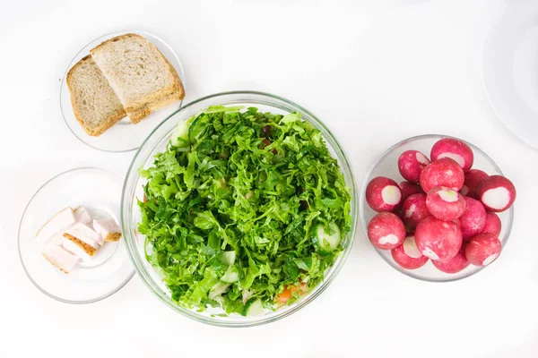 Salade Fraîche Végétarienne Avec Laitue Tomate Redisca Humeur Printemps Légumes — Photo