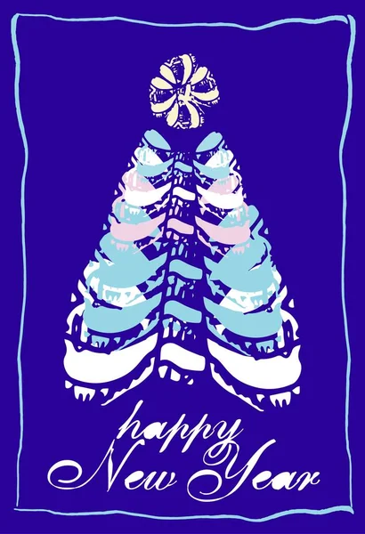 Carte Vœux Heureux Nouvel Arbre Noël Sur Fond Bleu Illustration — Photo