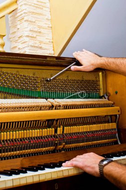 Piyano akortçusu, eski bir konser piyanosunu akort etmek, müzik dersi