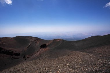 huge crater with volcanic rocks on Mount Etna. Traveling in Italy