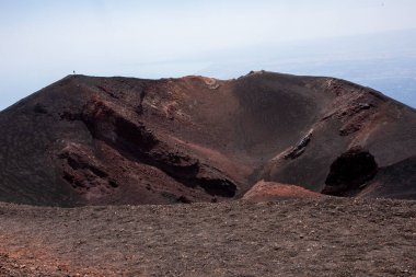 huge crater with volcanic rocks on Mount Etna. Traveling in Italy