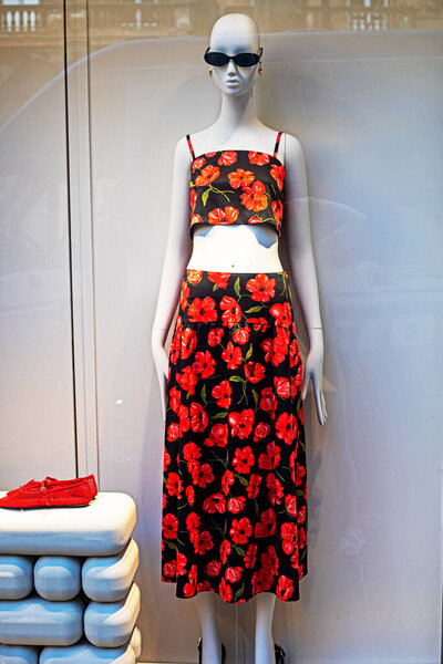 stylish red skirt and patterned top on a mannequin. Fashion and style