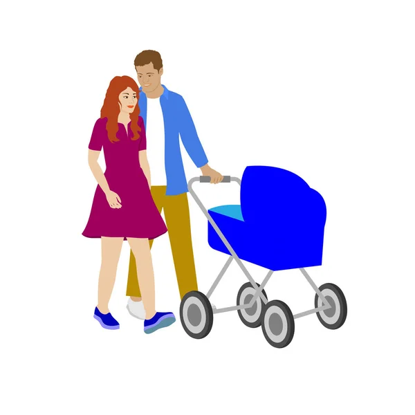 Батьки гуляють з коляскою . — стоковий вектор