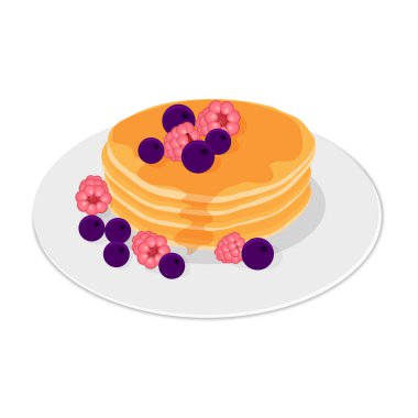 Akçaağaç şuruplu krepler ve beyaz arka planda izole edilmiş taze böğürtlenler..