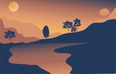 Sisli ve ormanlı güzel bir akşam manzarasının vektör çizimi