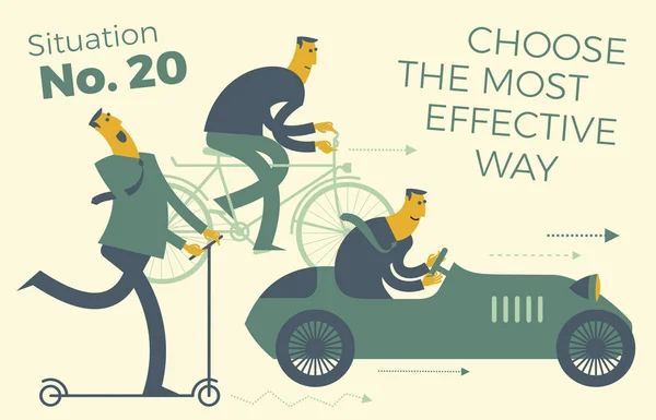 Üzleti Infographics Üzleti Helyzetekben Férfiak Lovagolni Különböző Járművek Robogó Kerékpár — Stock Vector