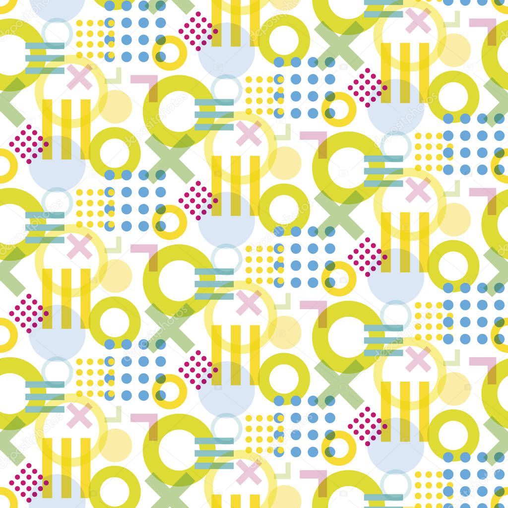 Seamless geometric background with crosses, stripes and polka dots. Background with polka dots.