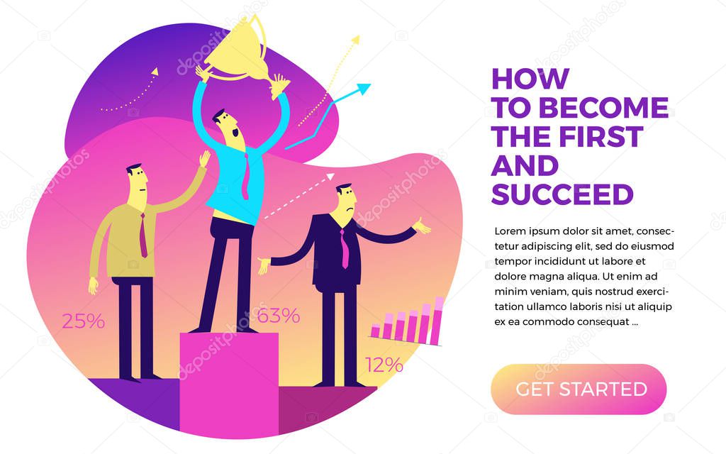 Business infographics, business situations. The winners are on the victory podium. Awarding of winners. Result of competitions.  Award for success and effort. Victory in business. Success in work. Career ladder, employees strive up, goal achievement