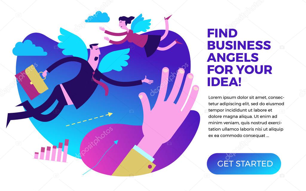 Business infographics, business situations.  Business angel. Man and woman angels with wings flying to the rescue. Investor, sponsor finances new projects.  Vector illustration of flat design. Project, contract, diagram, and graphic elements.