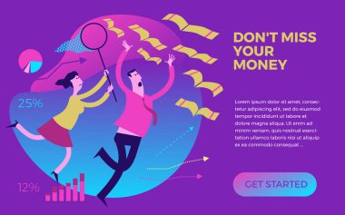 Business infographics with illustrations of business situations. Man and woman catching money with a hand and a butterfly net. Don't lose your money. Lost profits, opportunities.  To catch a profit. To achieve the goal. Start up. clipart