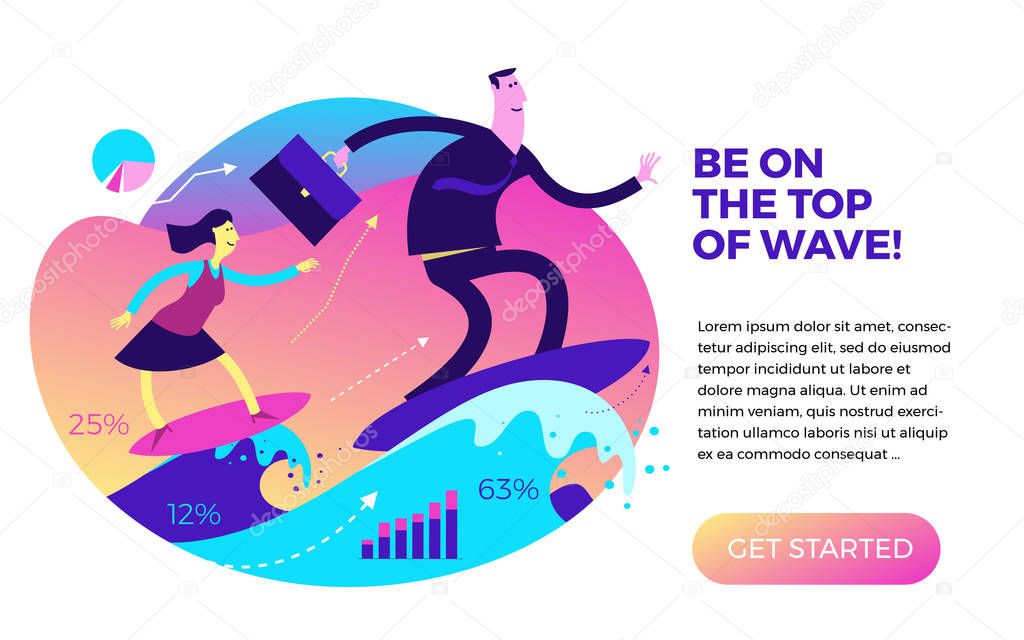 Business infographics with illustrations of business situations. Businessman and businesswoman on the wave of success. To travel forward through the waves. To achieve the goal. Be on top.  Vector illustration of flat design.