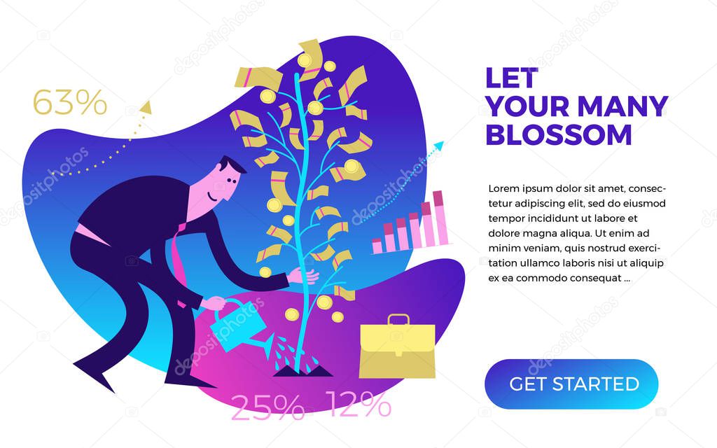 Business infographics with illustrations of business situations. A man defends the project in front of an audience. Idea presentation. Report of the startup project for the investor Commission. Vector illustration of flat design