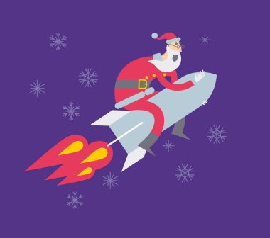 Noel Baba bir roket üzerinde uçuyor. Noel Baba'nın tebrikler. Noel hikaye, Noel poster. Sürprizim. Noel geliyor. Düz çizgi film vektör çizim neşeli.