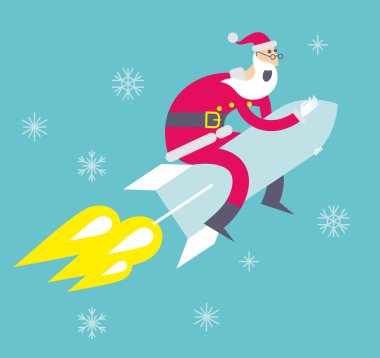 Noel Baba bir roket üzerinde uçuyor. Noel Baba'nın tebrikler. Noel hikaye, Noel poster. Sürprizim. Noel geliyor. Düz çizgi film vektör çizim neşeli.
