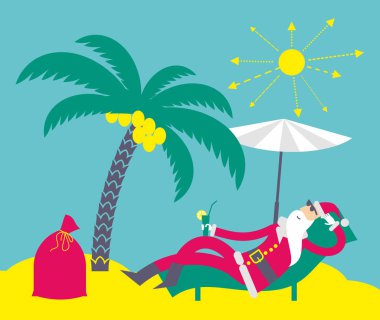 Noel Baba sunbathes ve bir palmiye ağacının altında sahilde bir kokteyl içiyor. Tatil Noel Baba. Noel Baba denizin üzerinde dinleniyor. Düz çizgi film vektör çizim neşeli. Noel hikayesi. Yeni yıl poster.