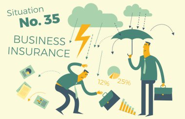İş infographics resimler iş durumlardan. Sigorta Hizmetleri, sigorta, iş çıkarları korunması. Bir şemsiye, yağmur ve yıldırım işadamı altında Sigorta acentası. Sigorta durumda. Vektör çizim.