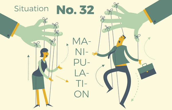 Business infographics with illustrations of business situations. Businessman and businesswoman puppet dolls are controlled by the hands of the strings. Personnel Management. Manipulation of the company. Political influence.